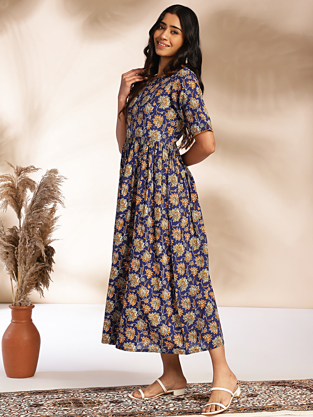 Janasya Dark Blue Cotton Floral Printed Gathered Dress | Swadesiicart