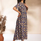 Janasya Dark Blue Cotton Floral Printed Gathered Dress | Swadesiicart