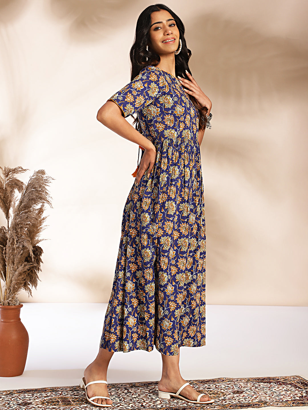 Janasya Dark Blue Cotton Floral Printed Gathered Dress | Swadesiicart