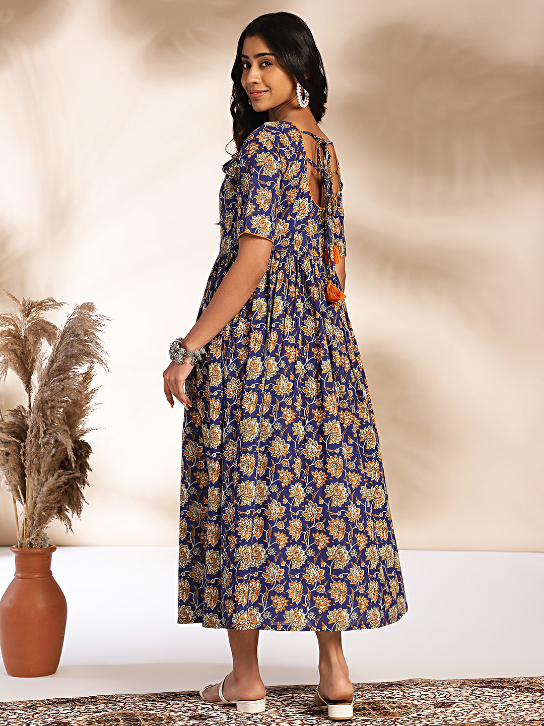 Janasya Dark Blue Cotton Floral Printed Gathered Dress | Swadesiicart