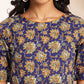 Janasya Dark Blue Cotton Floral Printed Gathered Dress | Swadesiicart