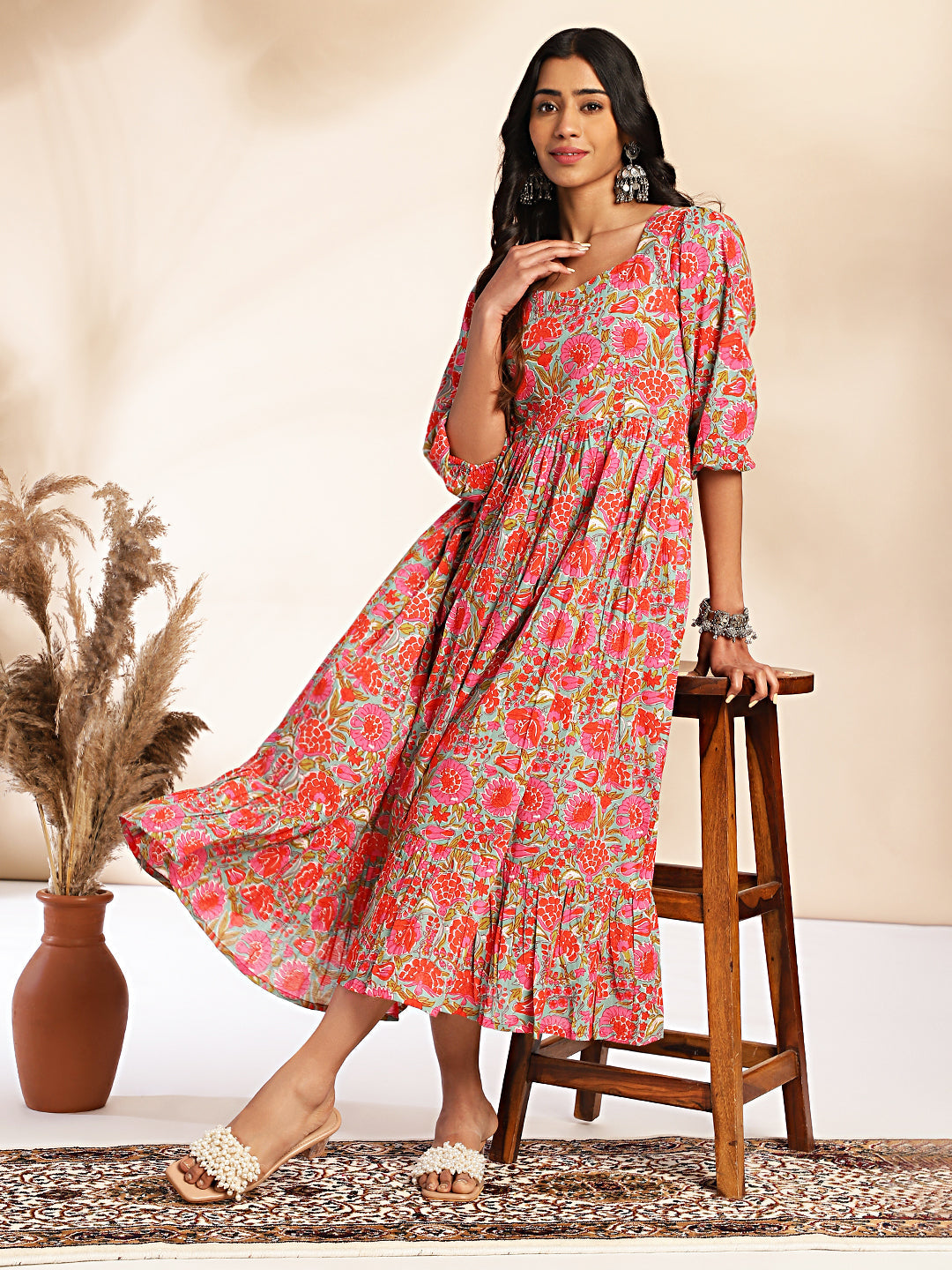 Janasya Multicolor Cotton Floral Printed Flared Dress | Swadesiicart