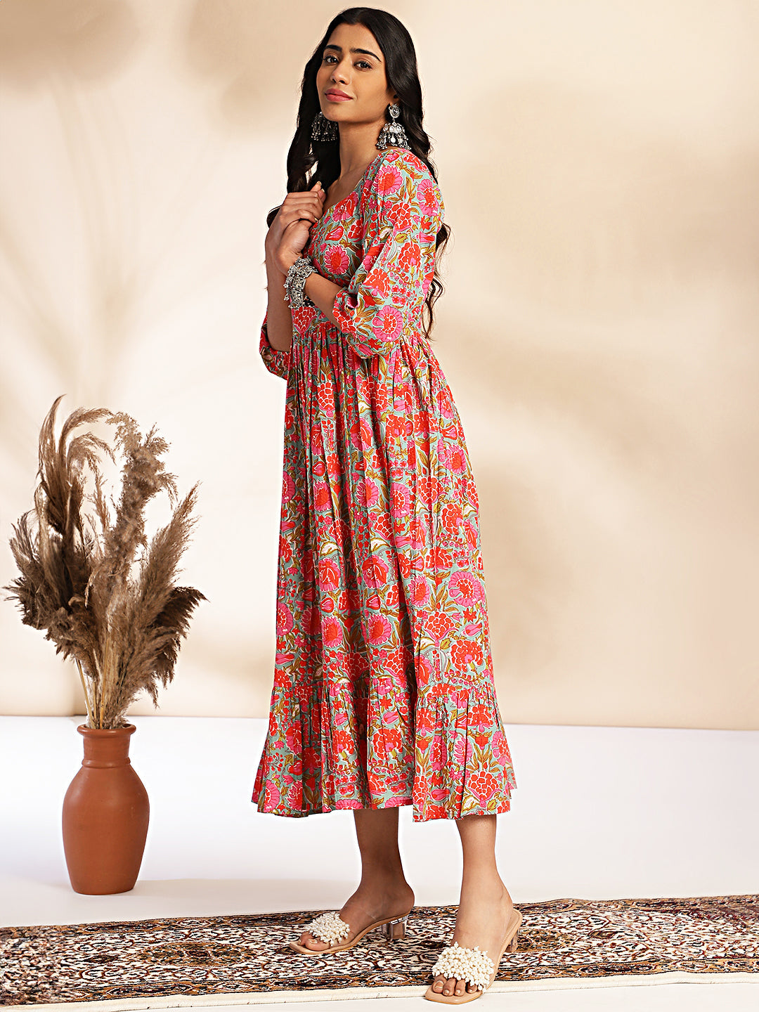 Janasya Multicolor Cotton Floral Printed Flared Dress | Swadesiicart