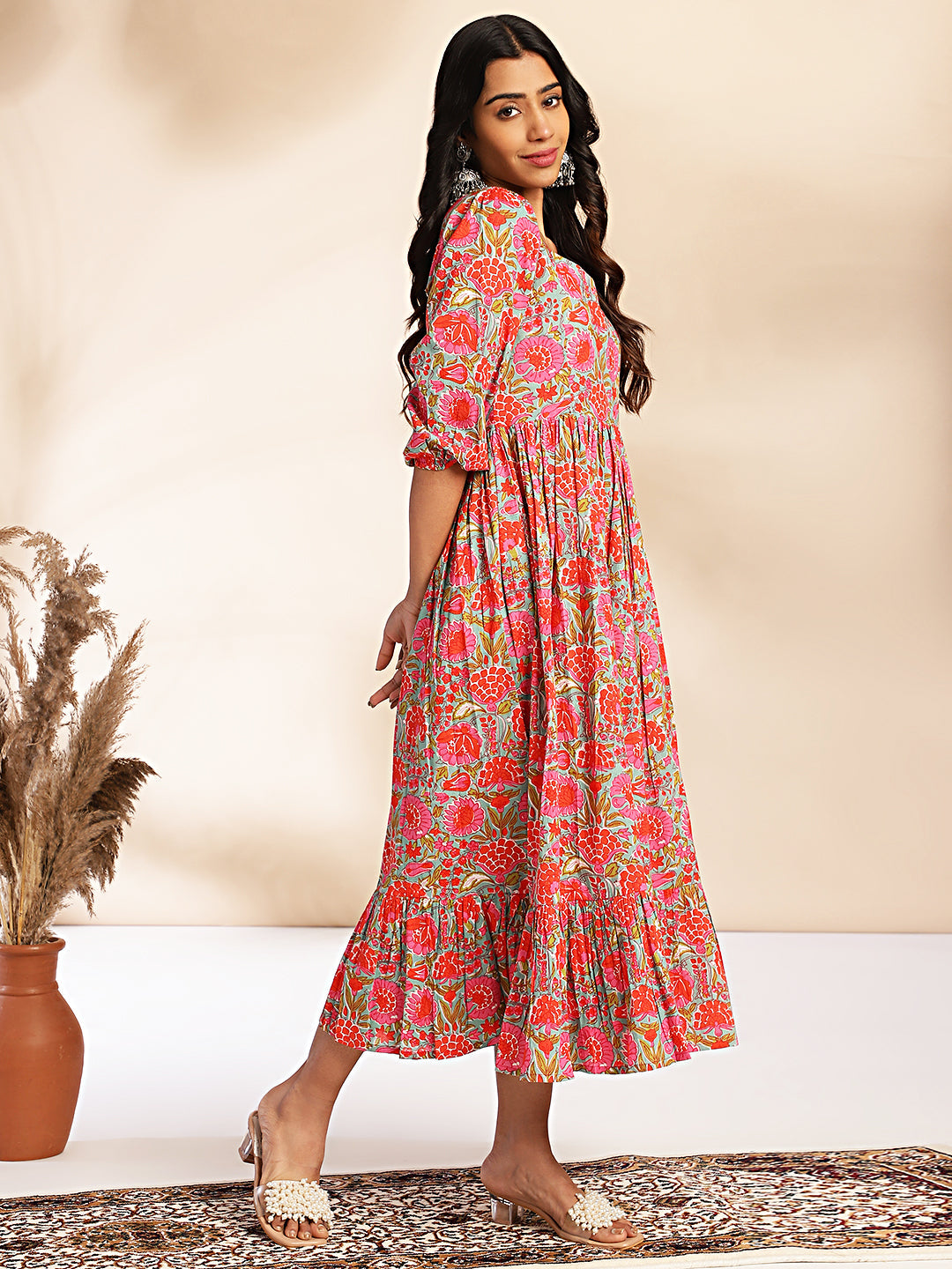 Janasya Multicolor Cotton Floral Printed Flared Dress | Swadesiicart