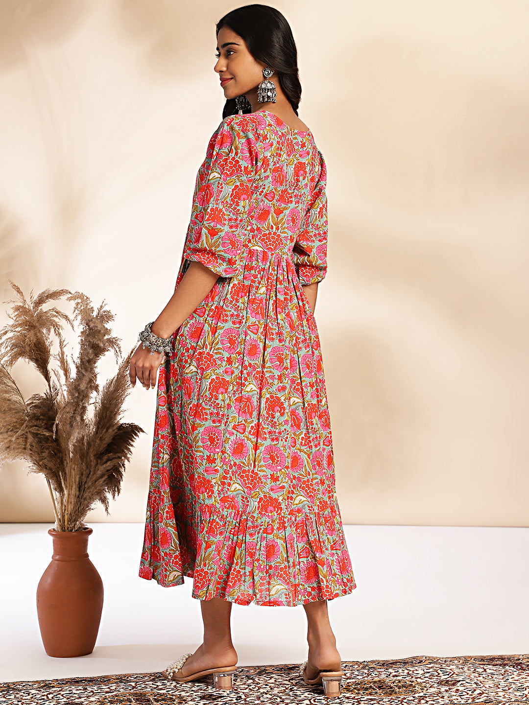 Janasya Multicolor Cotton Floral Printed Flared Dress | Swadesiicart