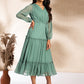 Janasya Sage Dobby Chiffon Solid Tiered Dress | Swadesiicart
