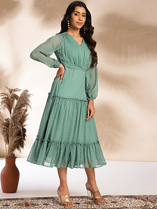Janasya Sage Dobby Chiffon Solid Tiered Dress | Swadesiicart