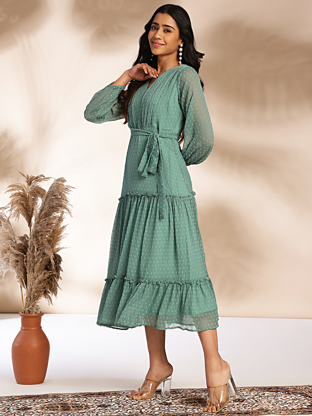 Janasya Sage Dobby Chiffon Solid Tiered Dress | Swadesiicart