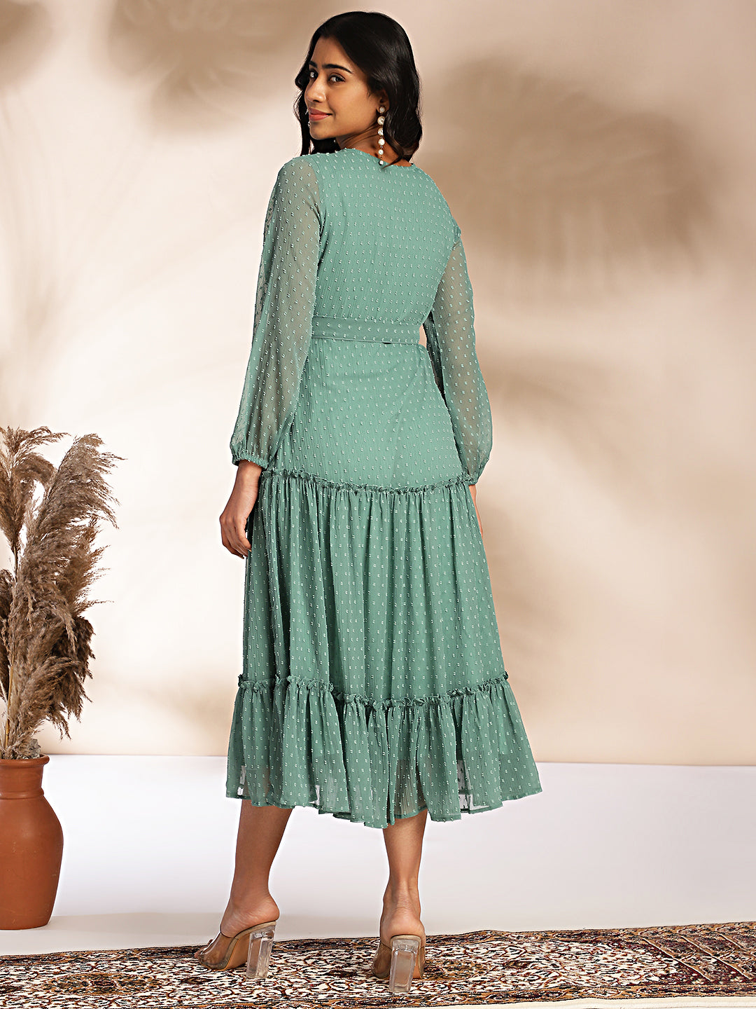 Janasya Sage Dobby Chiffon Solid Tiered Dress | Swadesiicart