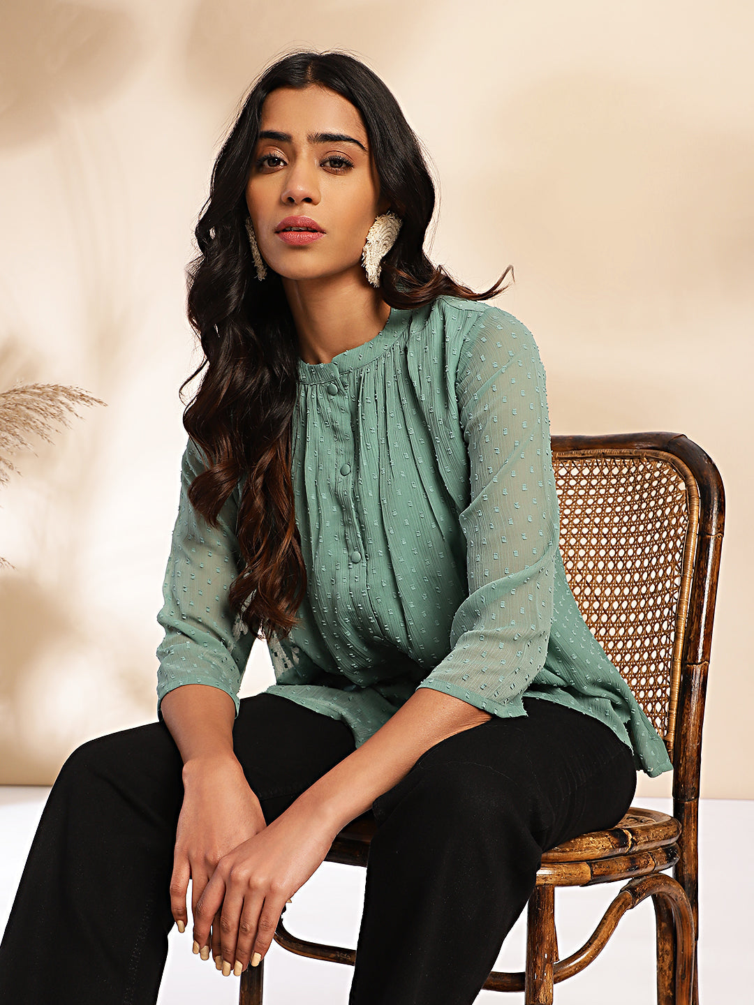 Janasya Sage Dobby Chiffon Woven Design Regular Top | Swadesiicart