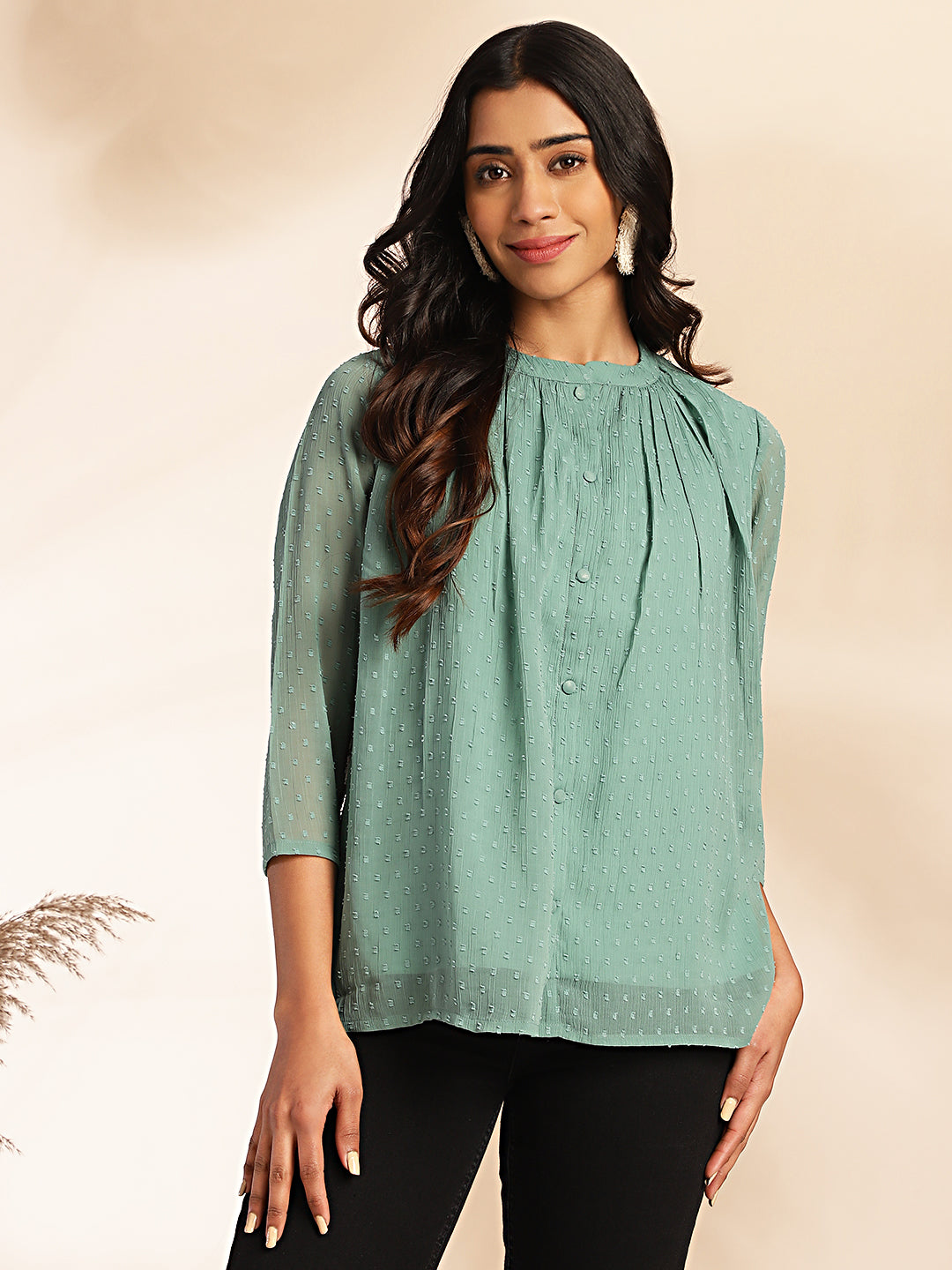 Janasya Sage Dobby Chiffon Woven Design Regular Top | Swadesiicart