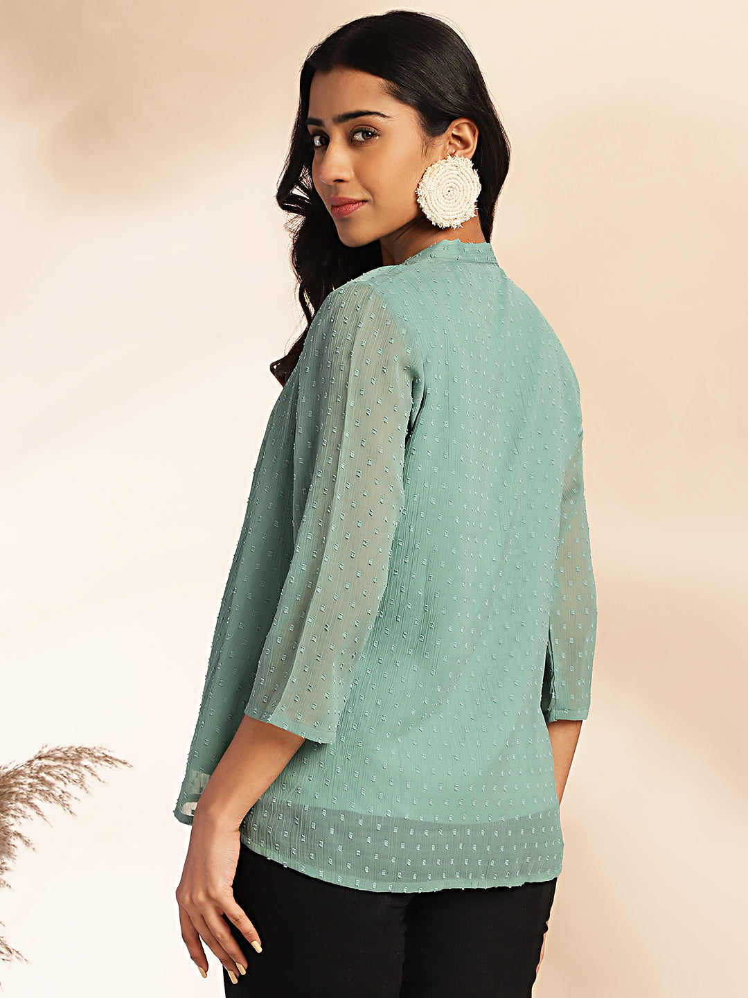 Janasya Sage Dobby Chiffon Woven Design Regular Top | Swadesiicart