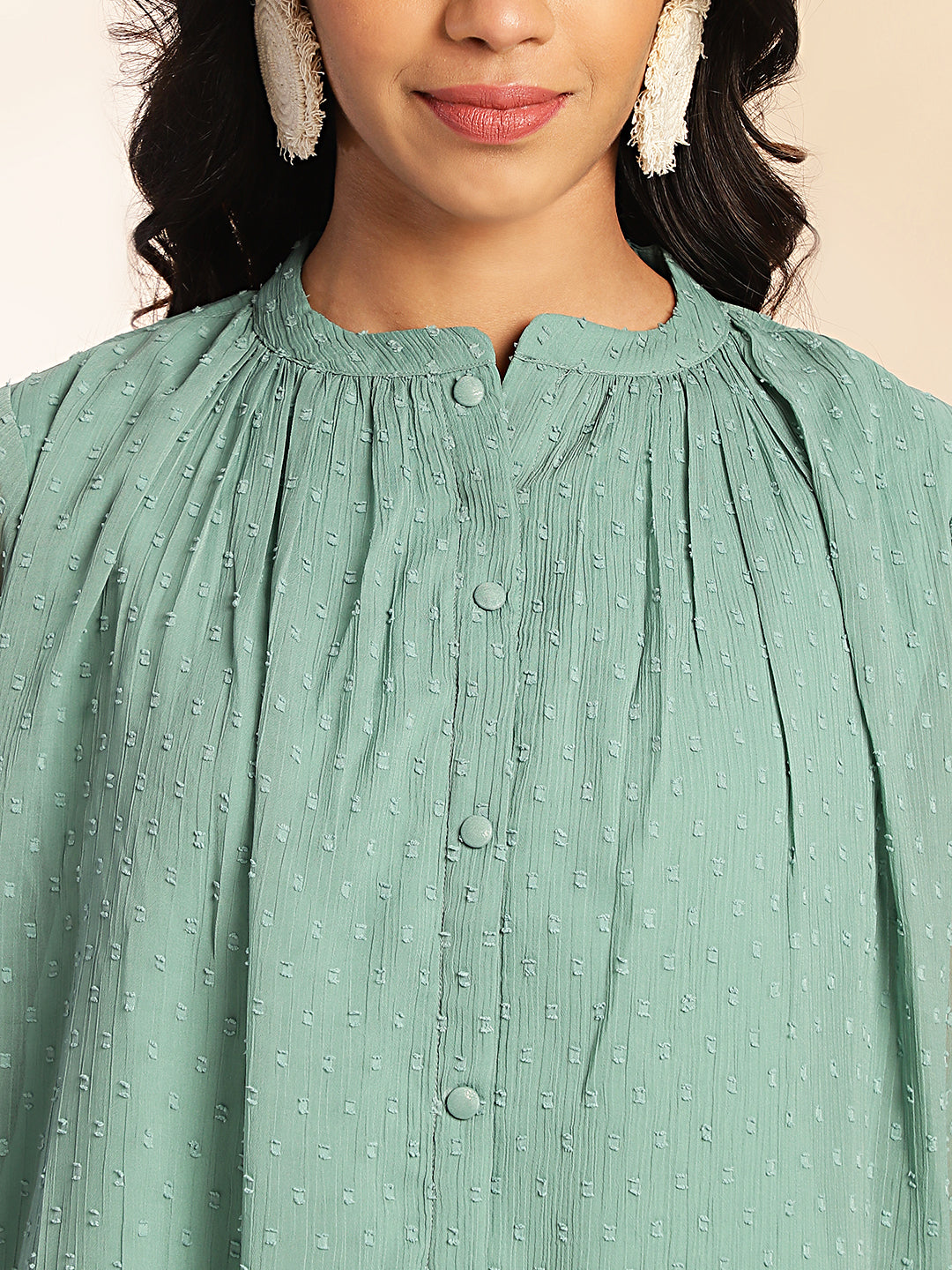 Janasya Sage Dobby Chiffon Woven Design Regular Top | Swadesiicart