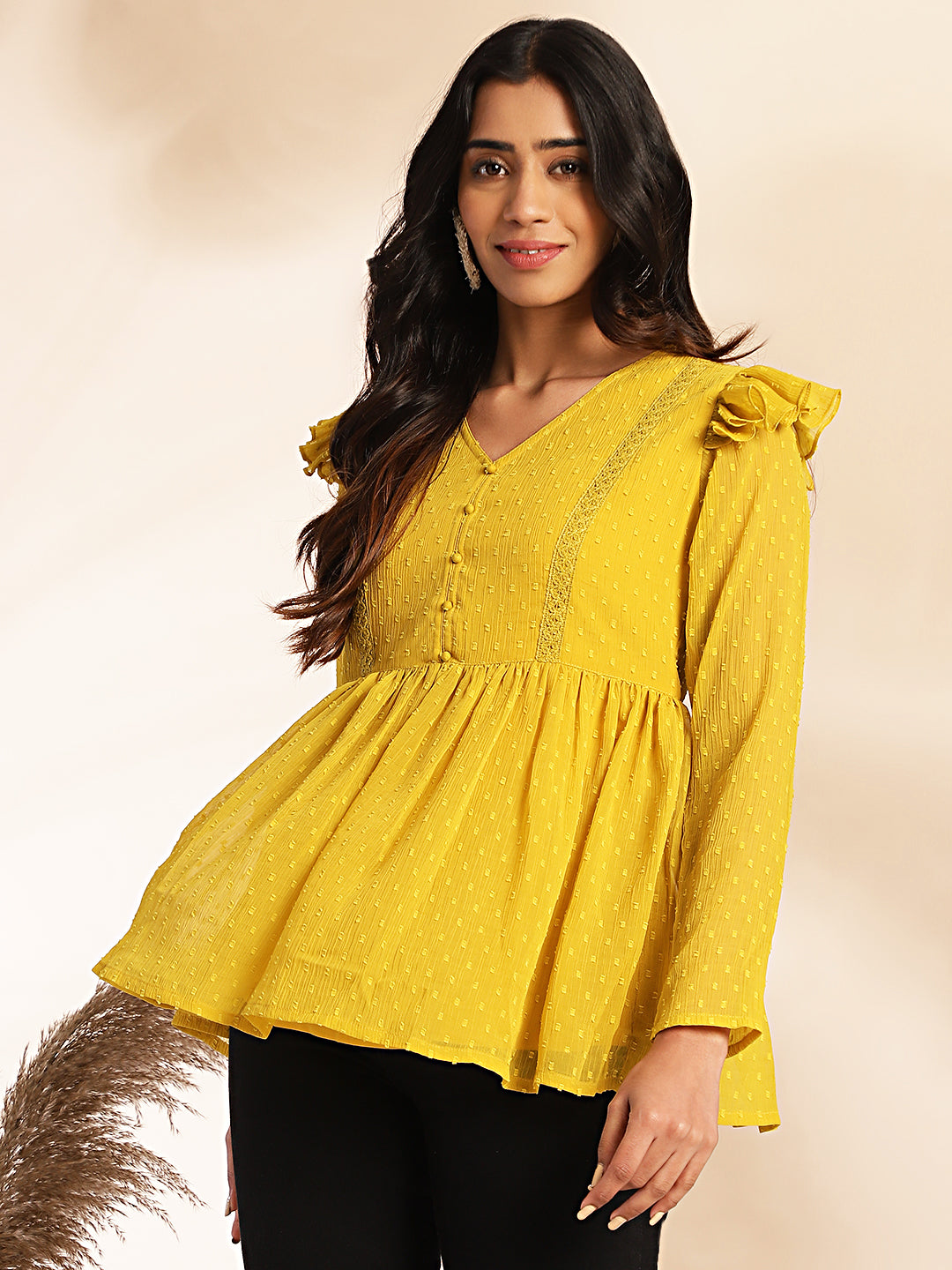 Janasya Mustard Dobby Chiffon Self Design Peplum Top | Swadesiicart