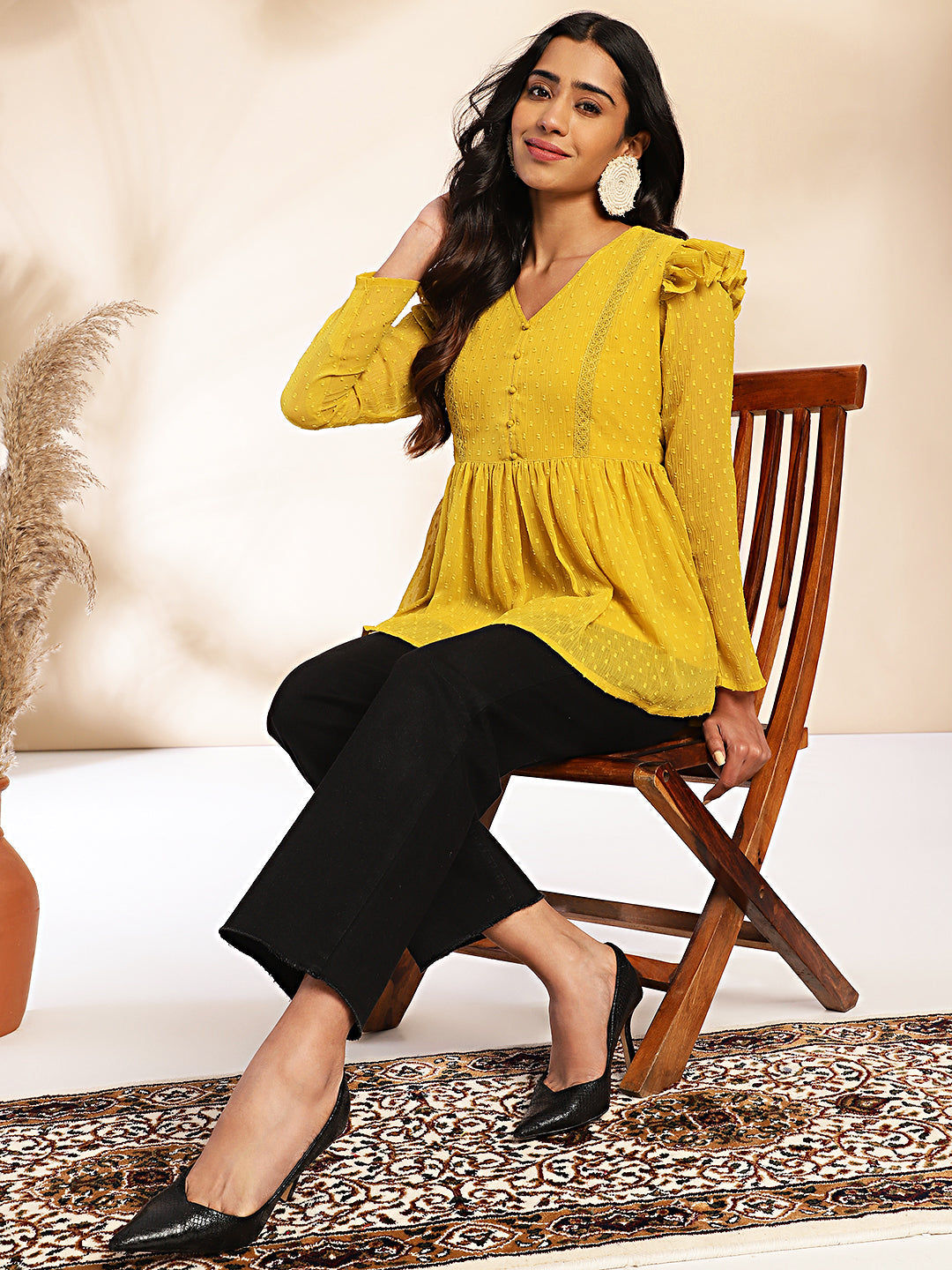 Janasya Mustard Dobby Chiffon Self Design Peplum Top | Swadesiicart