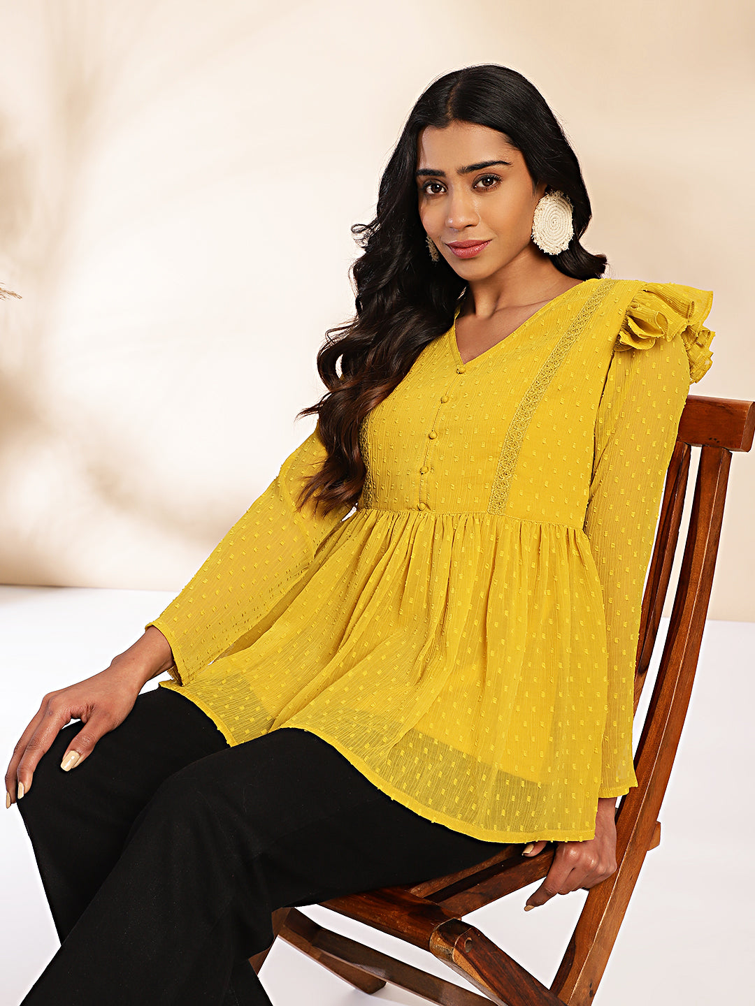 Janasya Mustard Dobby Chiffon Self Design Peplum Top | Swadesiicart