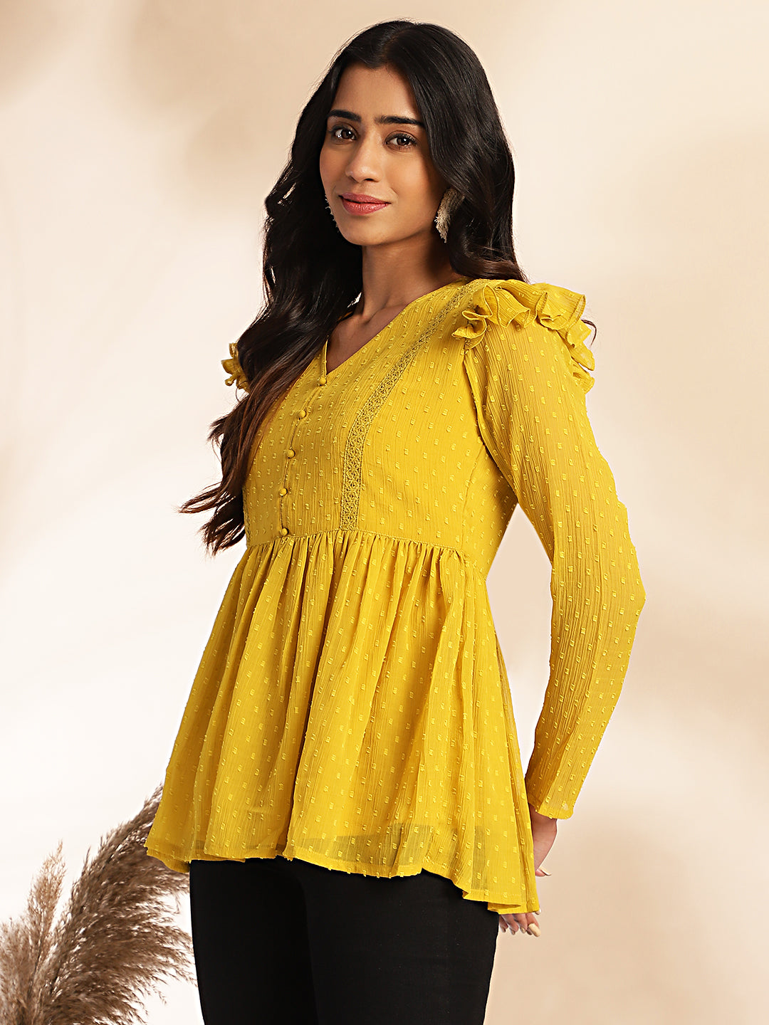 Janasya Mustard Dobby Chiffon Self Design Peplum Top | Swadesiicart