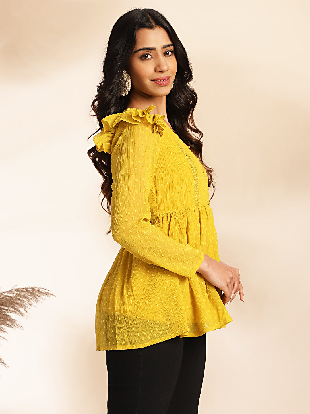 Janasya Mustard Dobby Chiffon Self Design Peplum Top | Swadesiicart