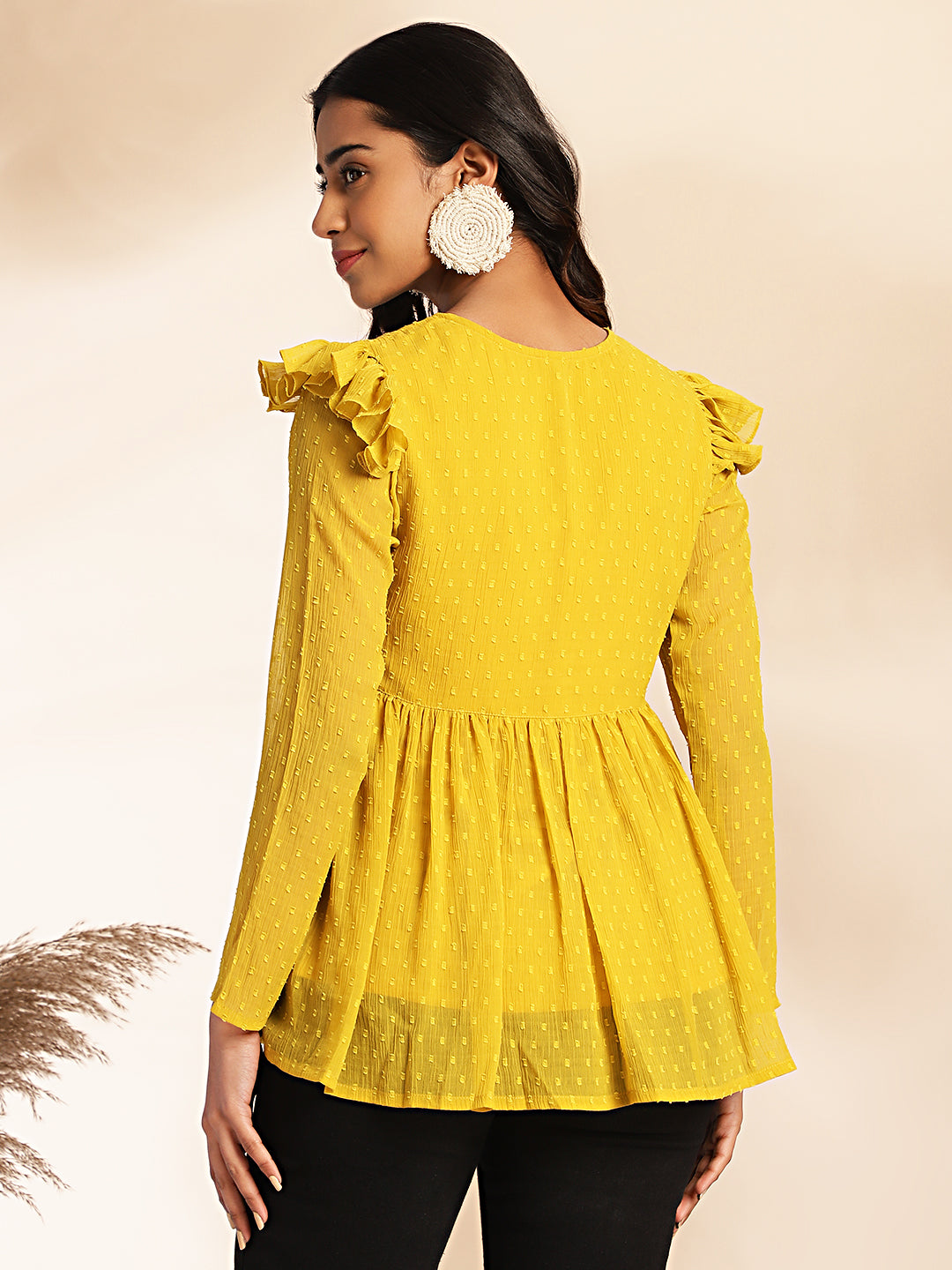 Janasya Mustard Dobby Chiffon Self Design Peplum Top | Swadesiicart