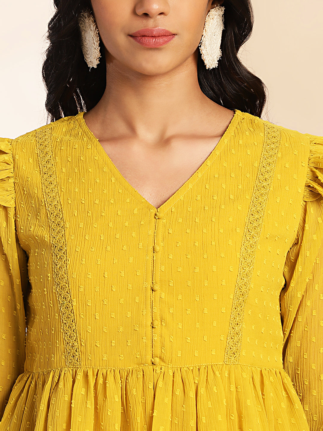 Janasya Mustard Dobby Chiffon Self Design Peplum Top | Swadesiicart