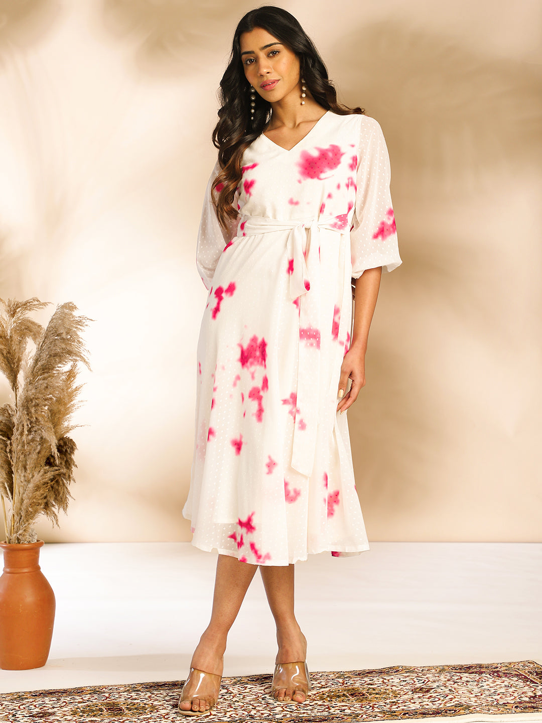 Janasya Off White Dobby Georgette Tie & Dye Fit & Flare Dress | Swadesiicart