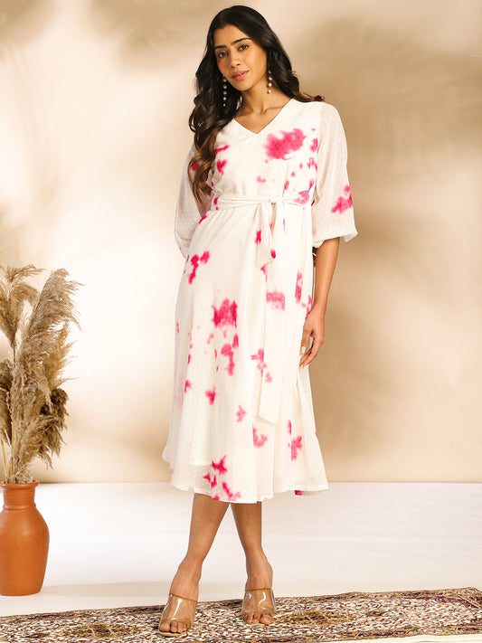 Janasya Off White Dobby Georgette Tie & Dye Fit & Flare Dress | Swadesiicart
