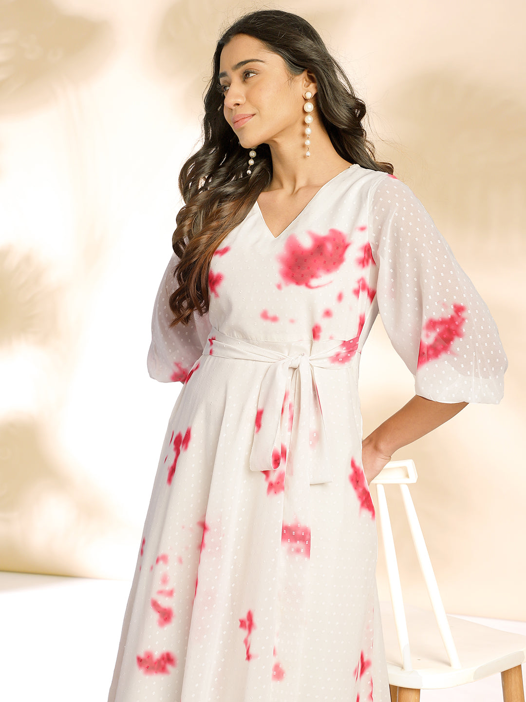 Janasya Off White Dobby Georgette Tie & Dye Fit & Flare Dress | Swadesiicart