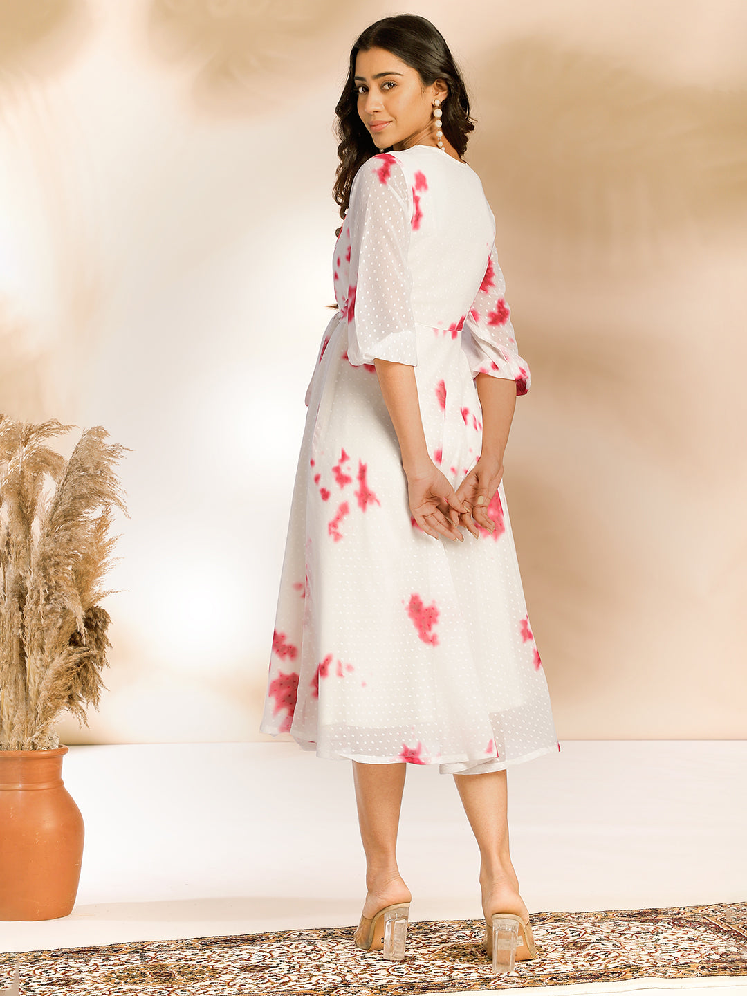 Janasya Off White Dobby Georgette Tie & Dye Fit & Flare Dress | Swadesiicart