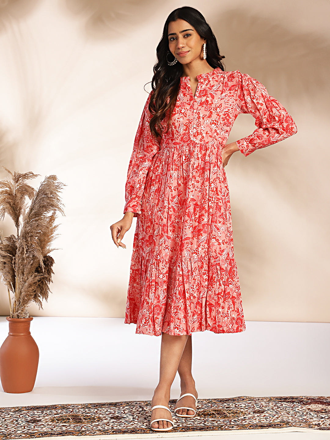 Janasya Pink Cotton Floral Fit & Flare Dress | Swadesiicart