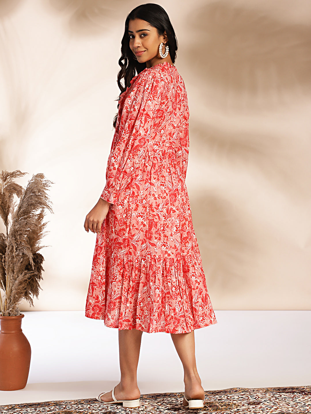 Janasya Pink Cotton Floral Fit & Flare Dress | Swadesiicart