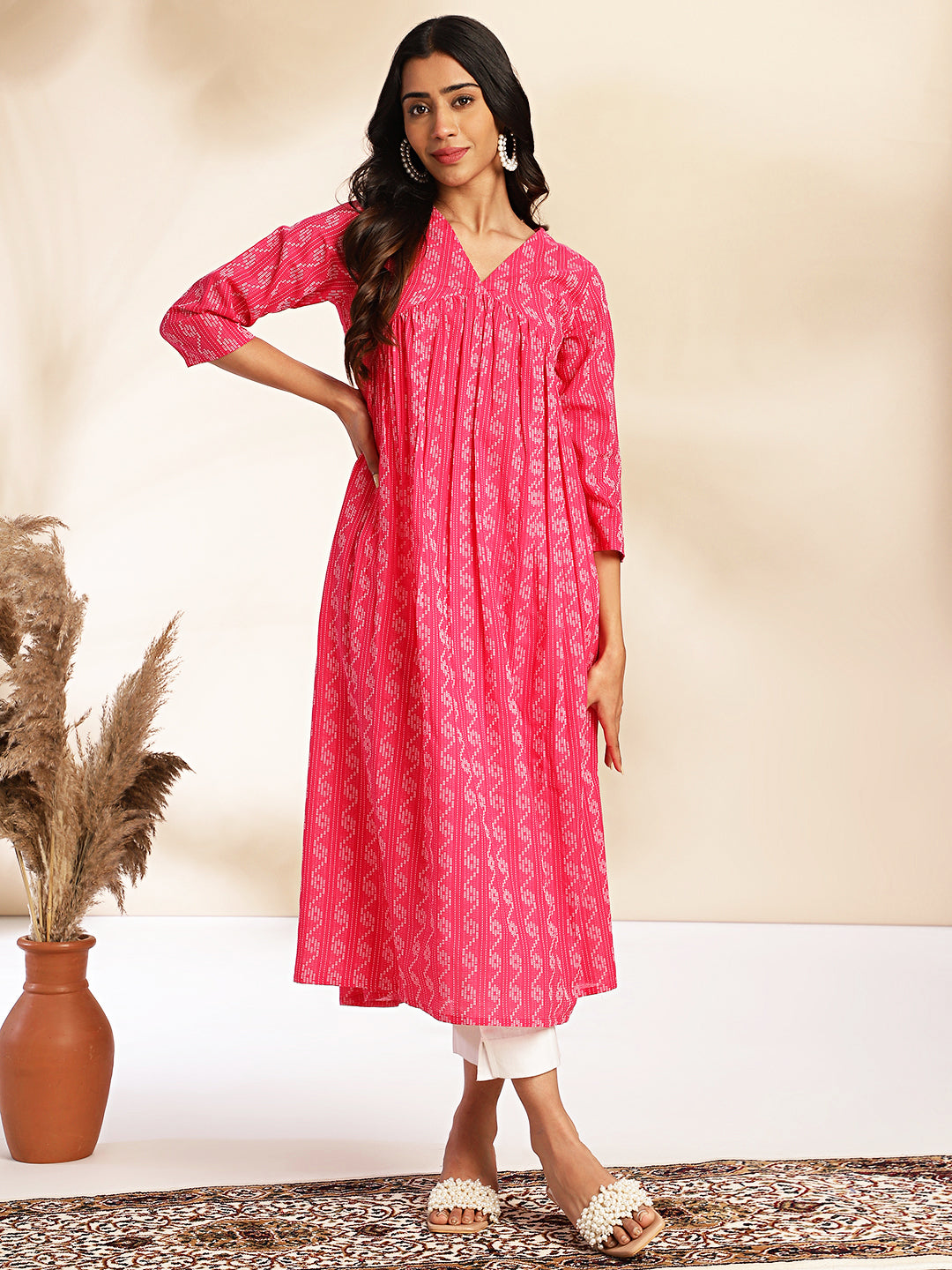 Janasya Pink Cotton Woven Design Gathered Kurta - Swadesiicart