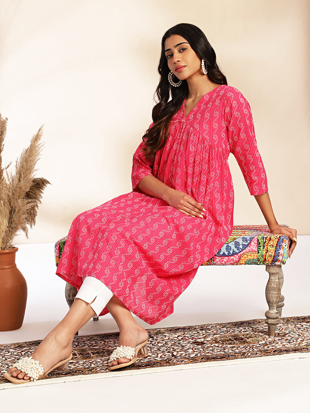 Janasya Pink Cotton Woven Design Gathered Kurta - Swadesiicart