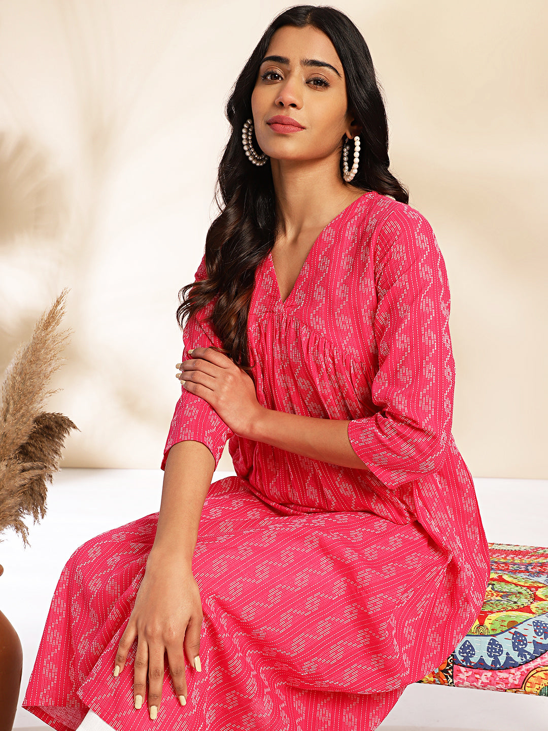 Janasya Pink Cotton Woven Design Gathered Kurta - Swadesiicart
