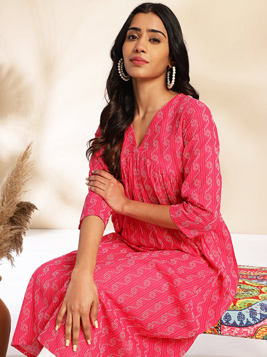 Janasya Pink Cotton Woven Design Gathered Kurta - Swadesiicart