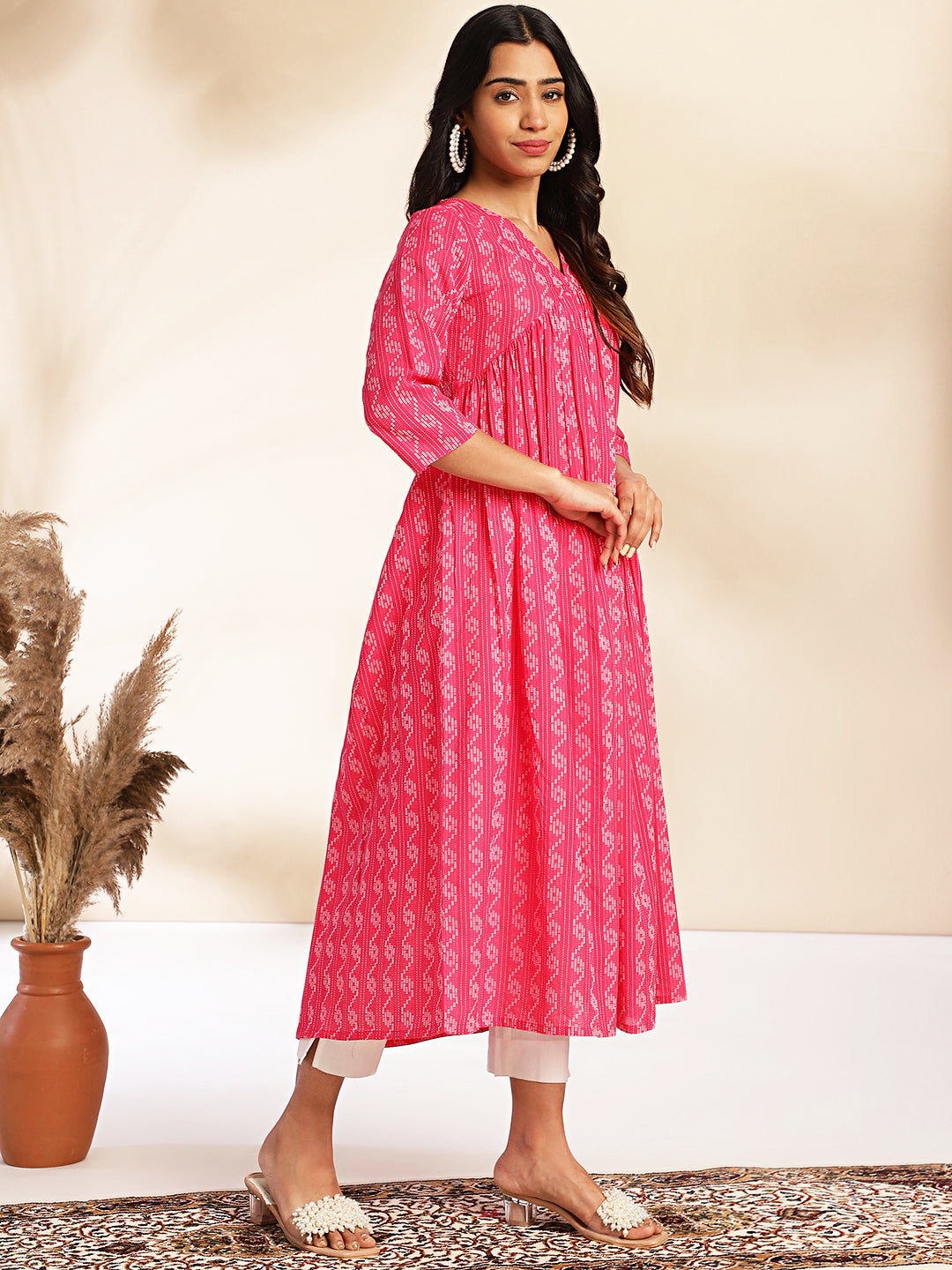 Janasya Pink Cotton Woven Design Gathered Kurta - Swadesiicart