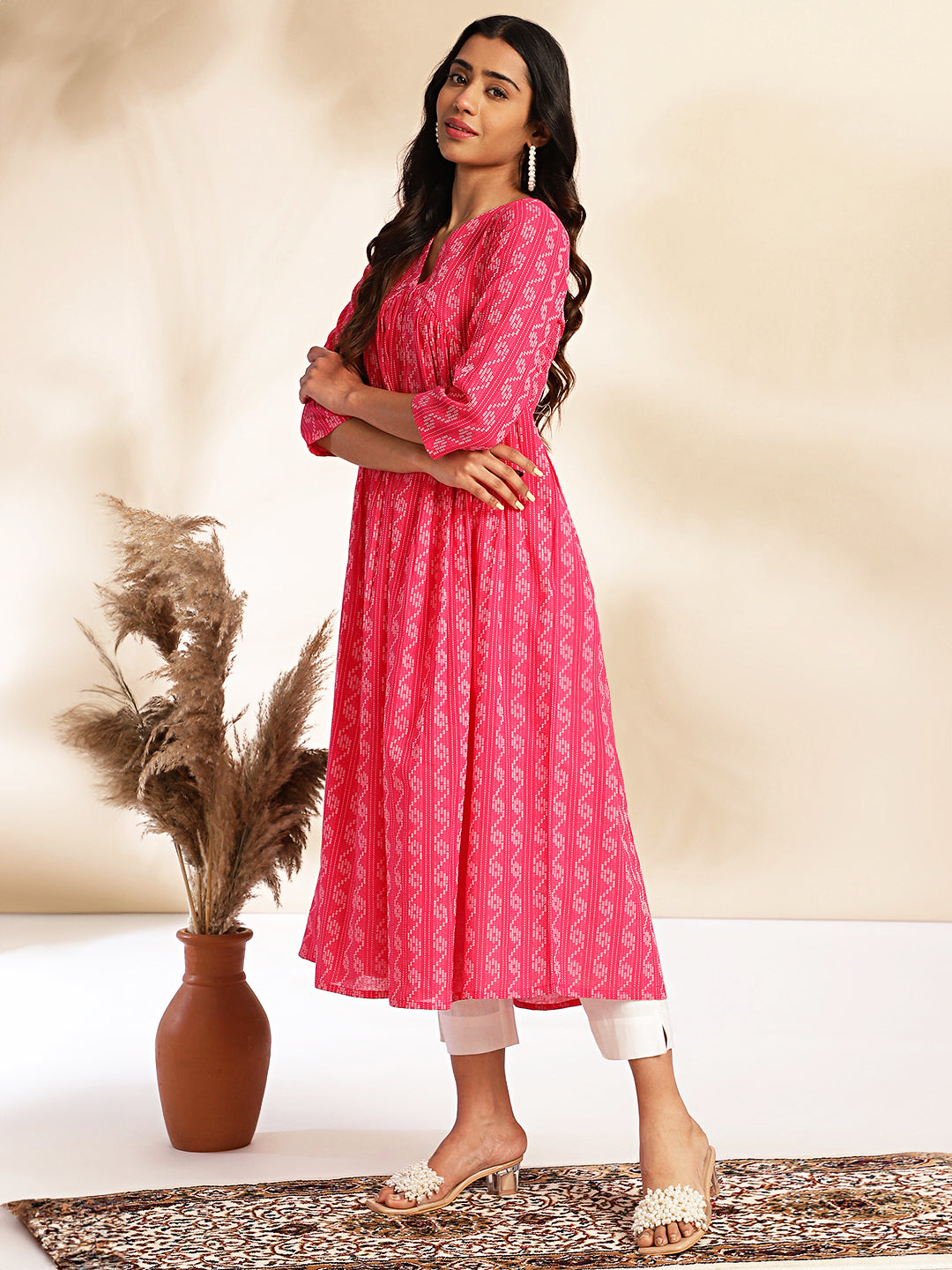 Janasya Pink Cotton Woven Design Gathered Kurta - Swadesiicart