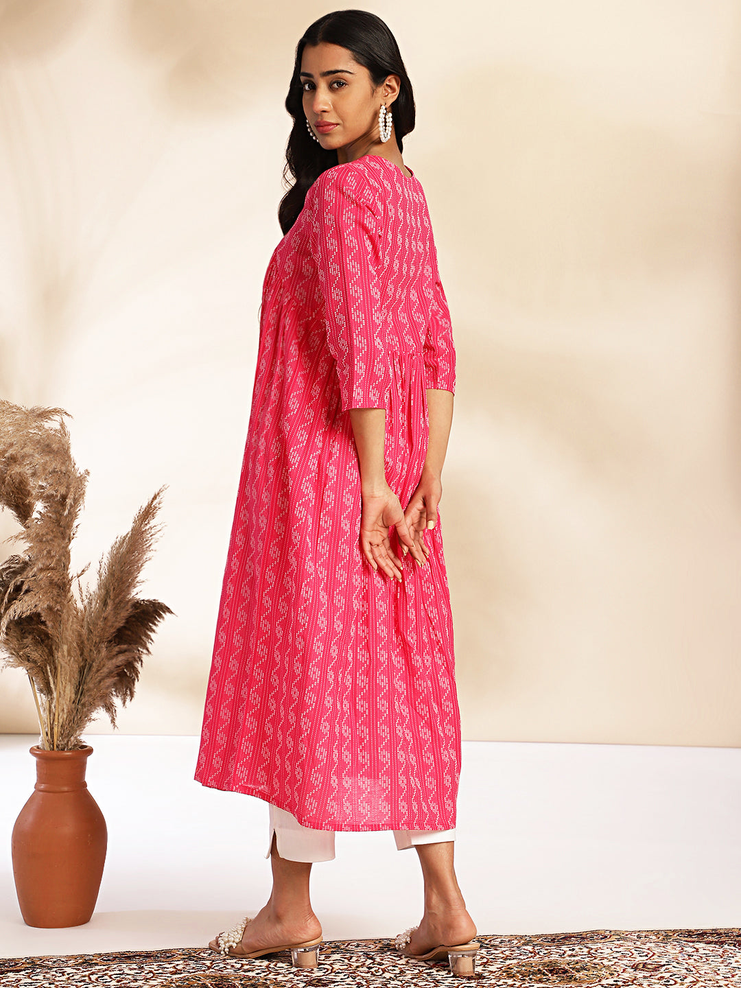 Janasya Pink Cotton Woven Design Gathered Kurta - Swadesiicart