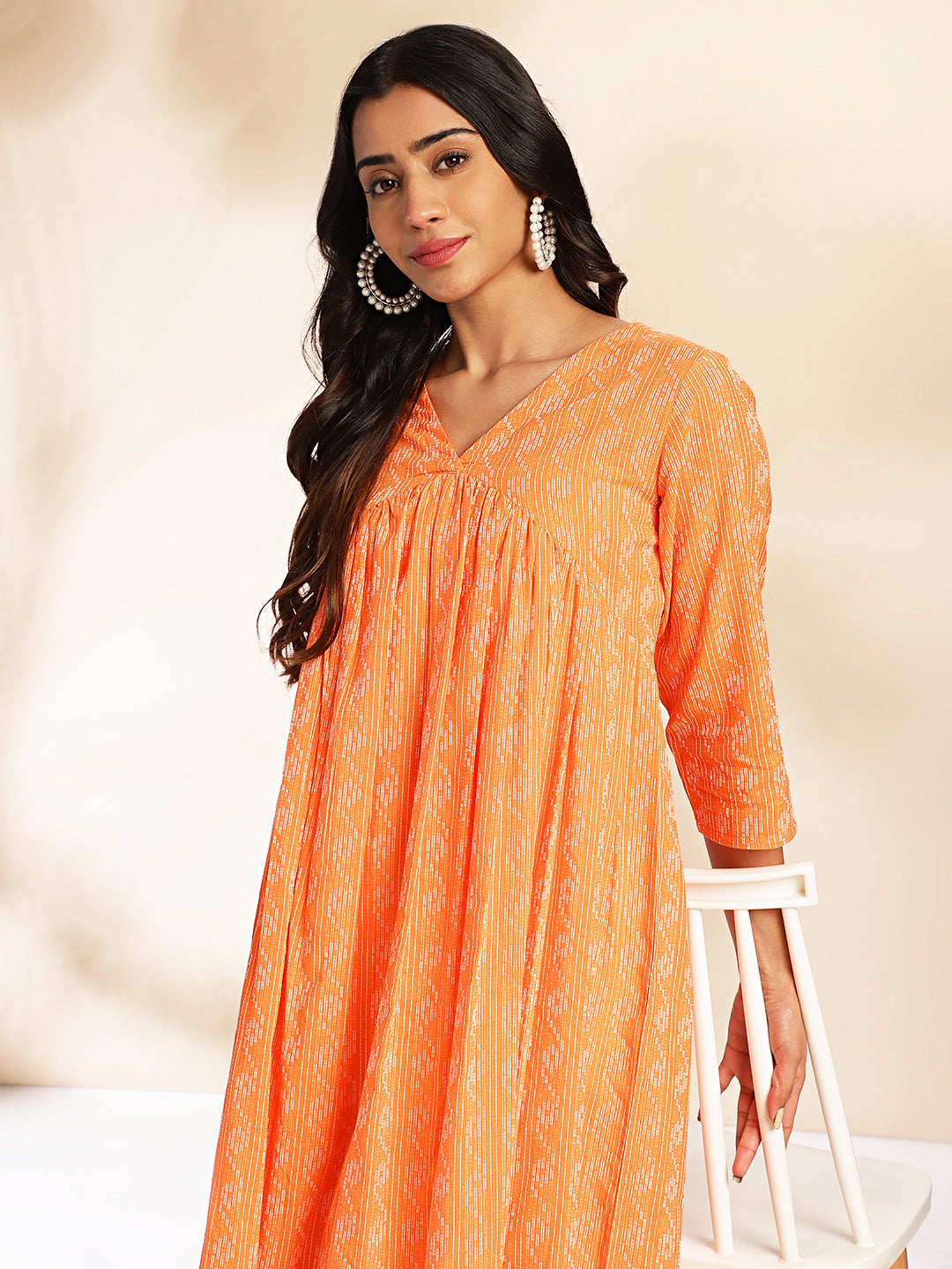 Janasya Orange Cotton Woven Design Gathered Kurta - Swadesiicart