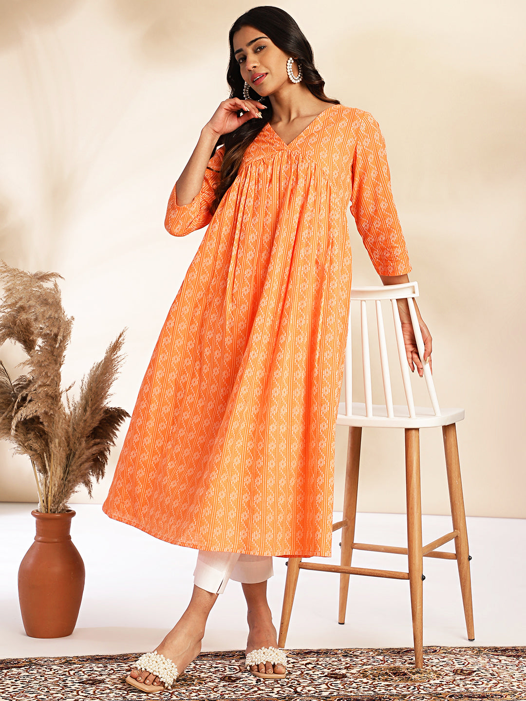 Janasya Orange Cotton Woven Design Gathered Kurta - Swadesiicart