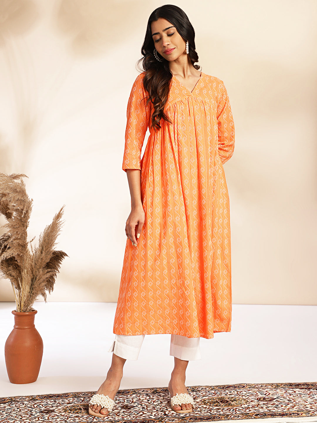 Janasya Orange Cotton Woven Design Gathered Kurta - Swadesiicart