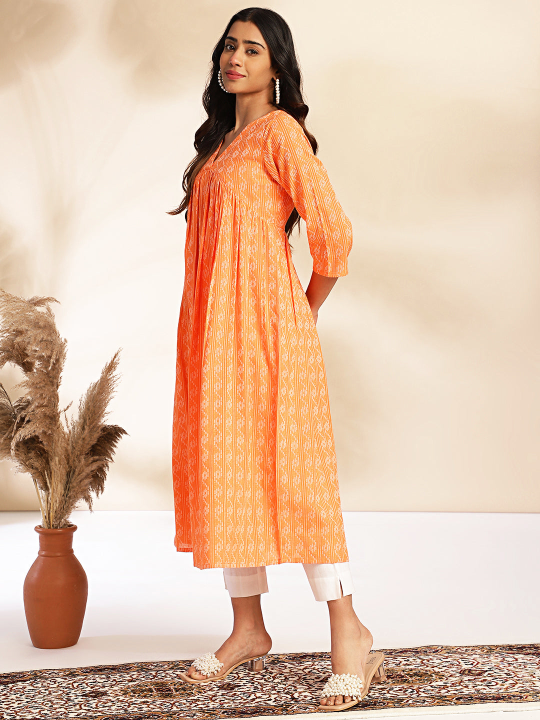 Janasya Orange Cotton Woven Design Gathered Kurta - Swadesiicart