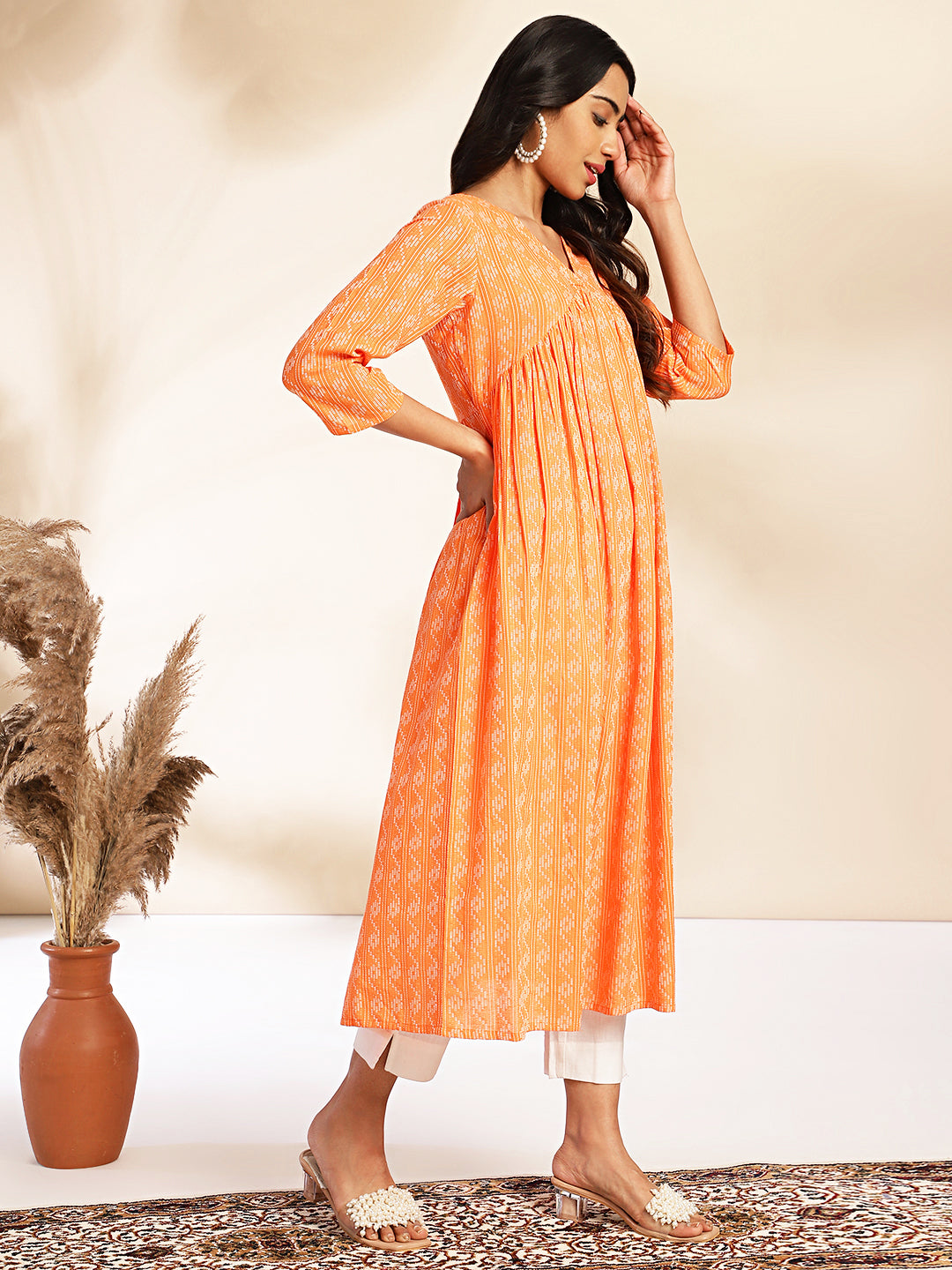 Janasya Orange Cotton Woven Design Gathered Kurta - Swadesiicart