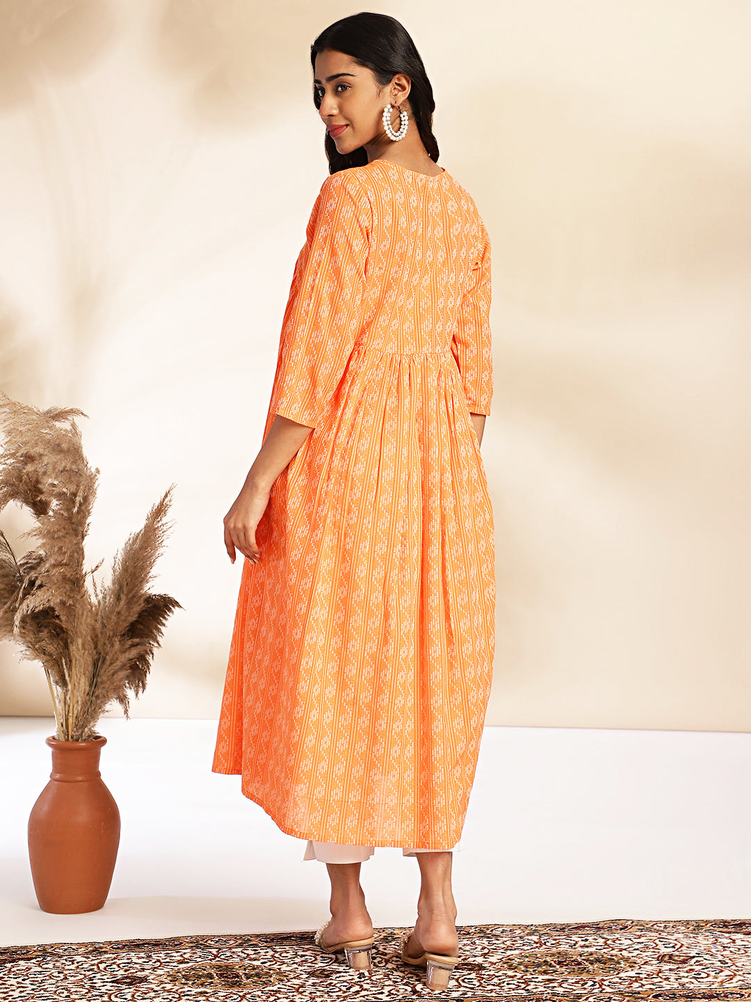Janasya Orange Cotton Woven Design Gathered Kurta - Swadesiicart