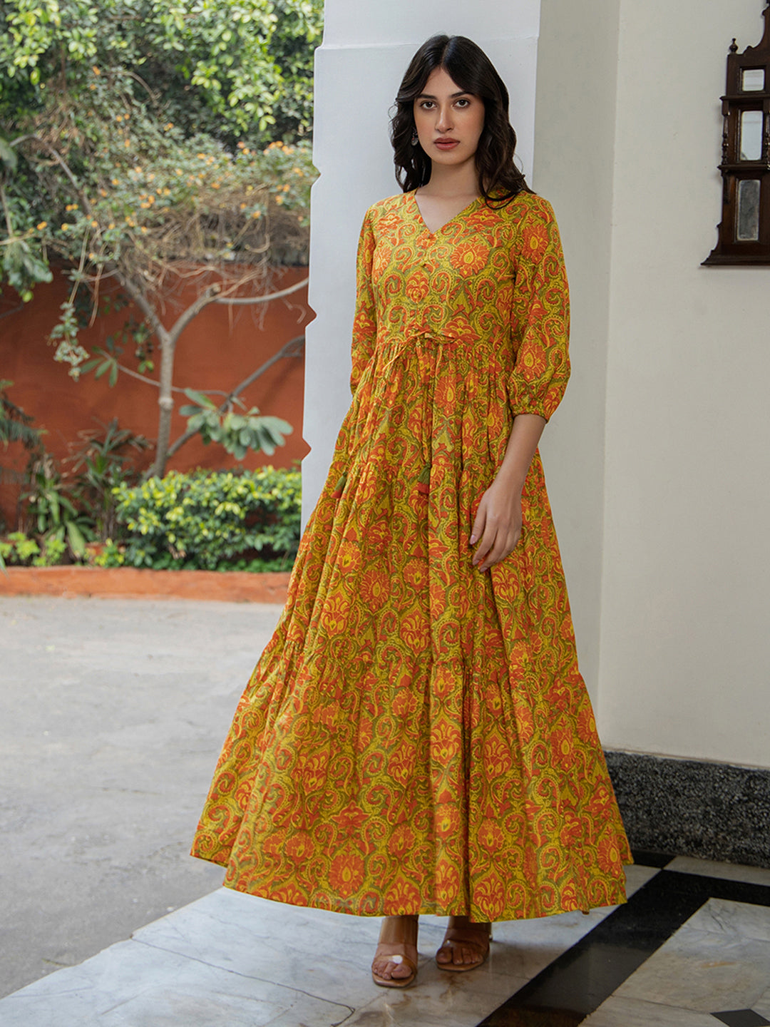 Janasya Green Cotton Printed Tiered Dress | Swadesiicart