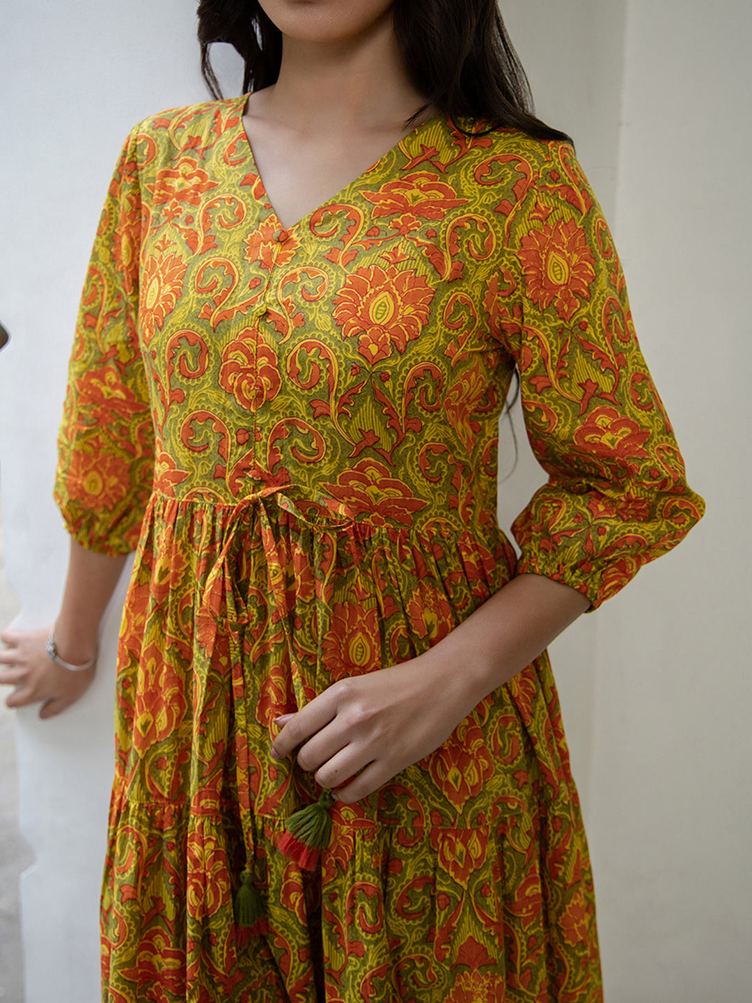 Janasya Green Cotton Printed Tiered Dress | Swadesiicart