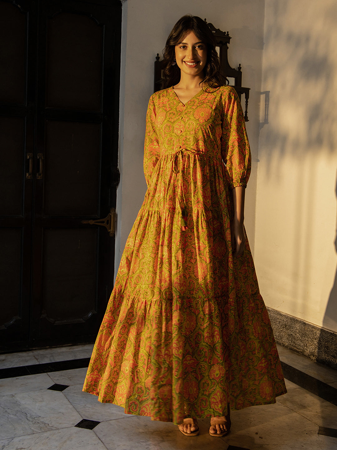 Janasya Green Cotton Printed Tiered Dress | Swadesiicart