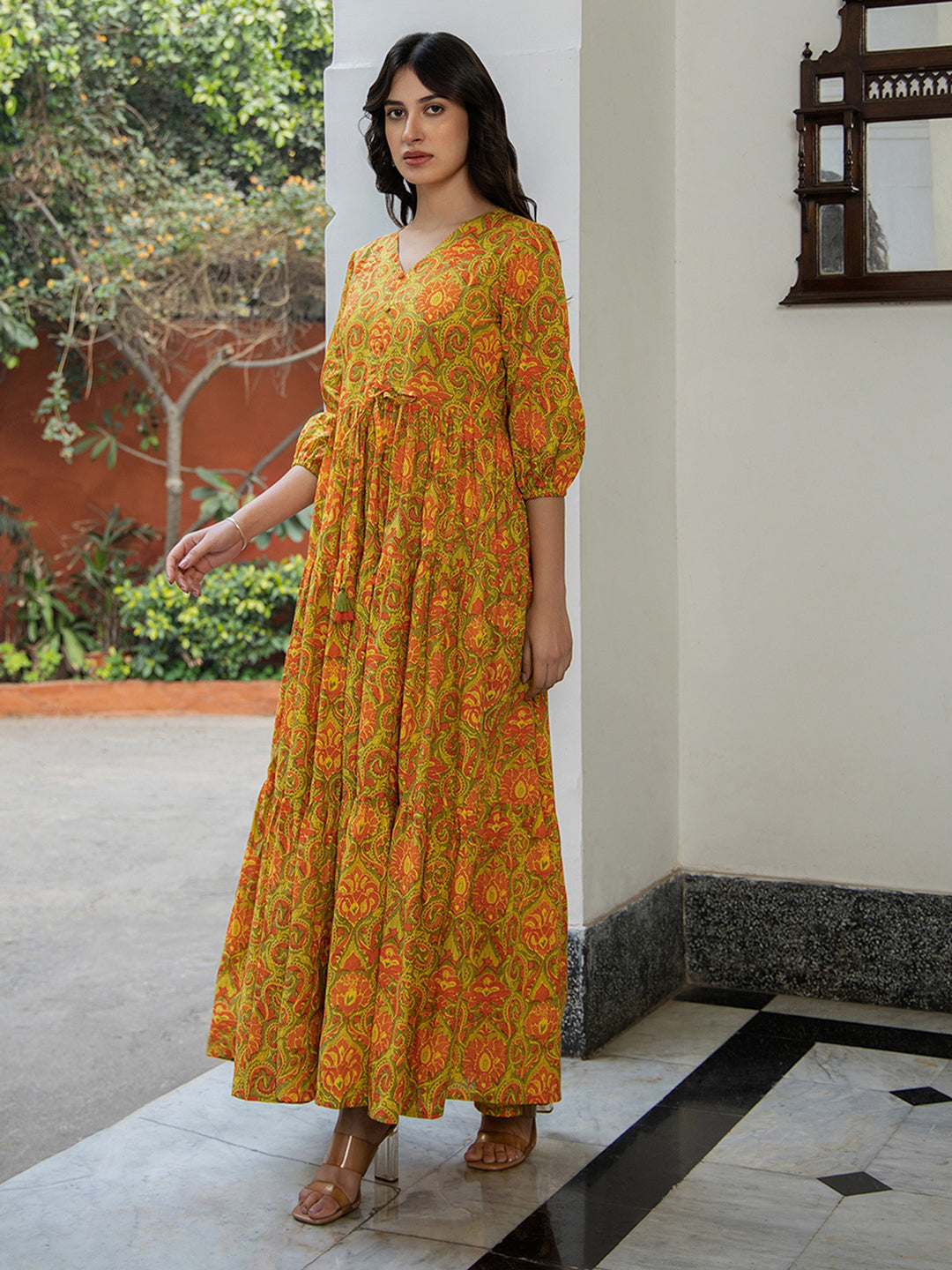 Janasya Green Cotton Printed Tiered Dress | Swadesiicart