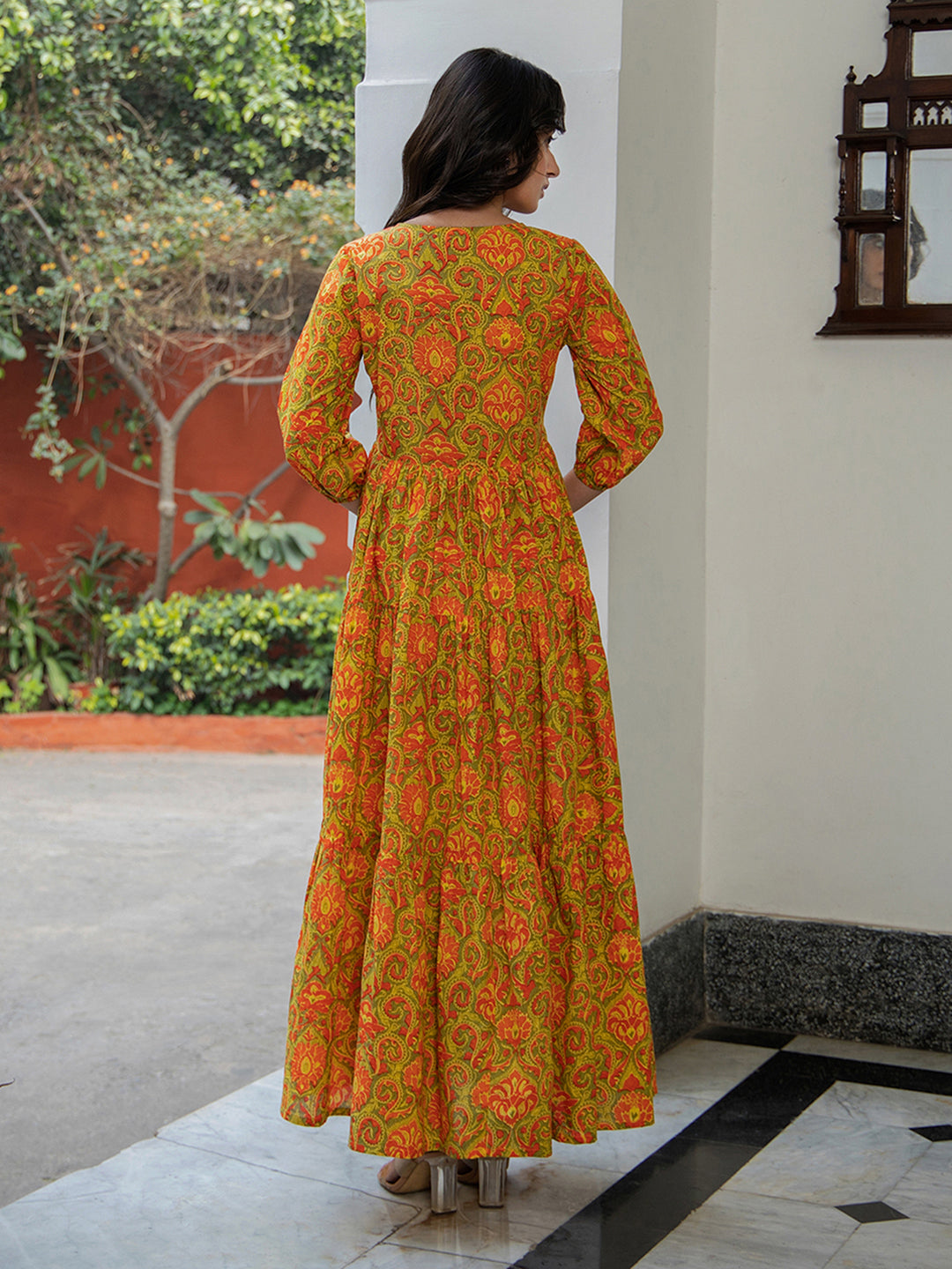 Janasya Green Cotton Printed Tiered Dress | Swadesiicart