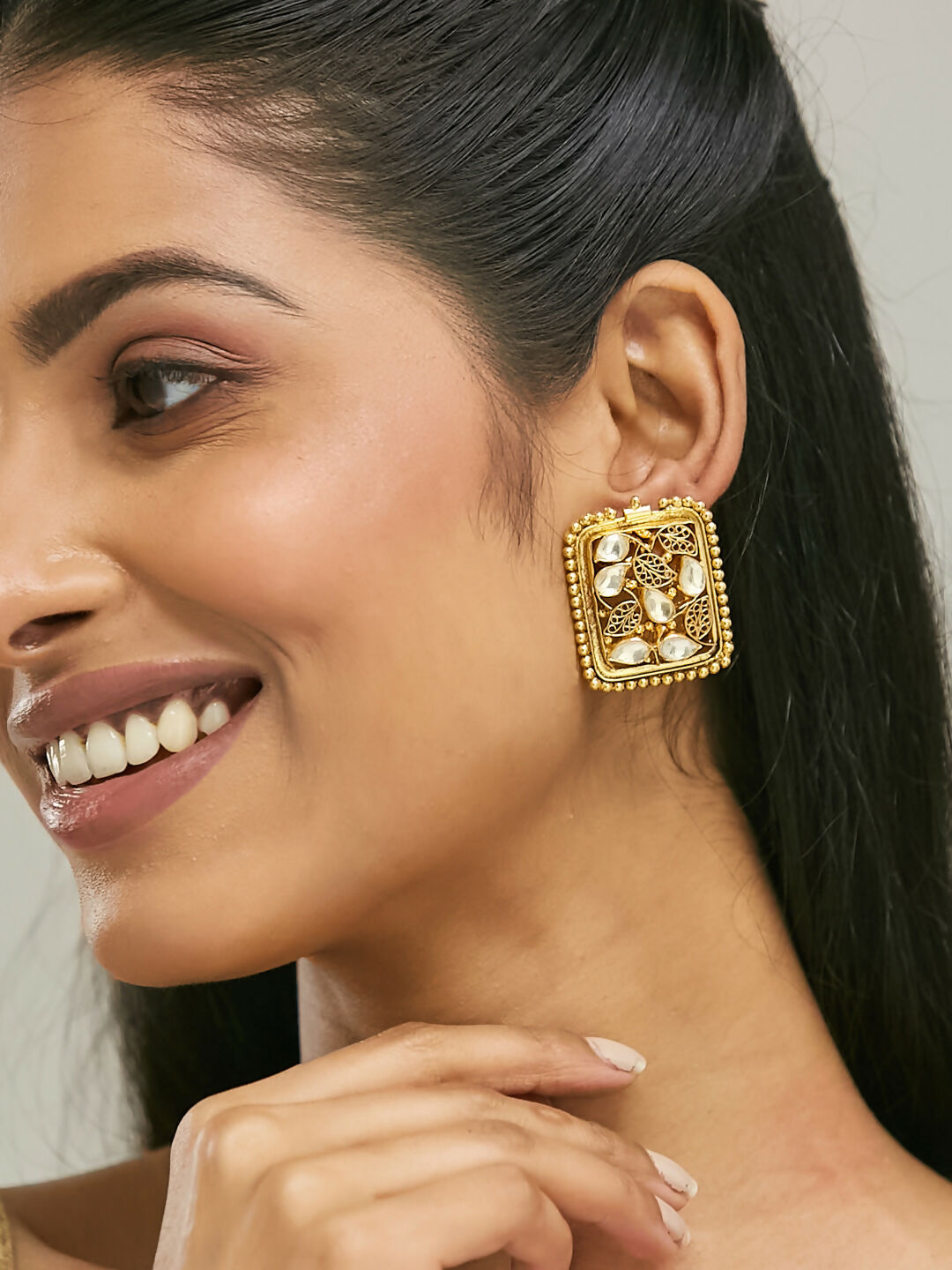 Nuyug 22K Gold-Plated Kundan & Filigree Concept Rectangular Leafy Studs | Swadesiicart