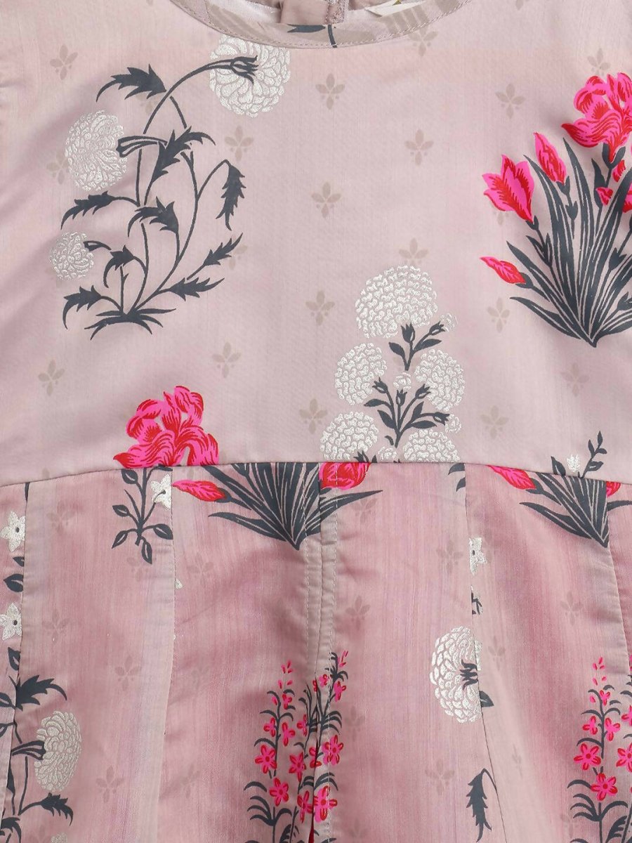 Ahalyaa Grey Chanderi Silk Pigment Print Kids Front Slit Kurta For Girls | Swadesiicart